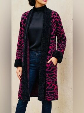 Givenchy Black and Fuchsia Patterned Long Knit Coat
